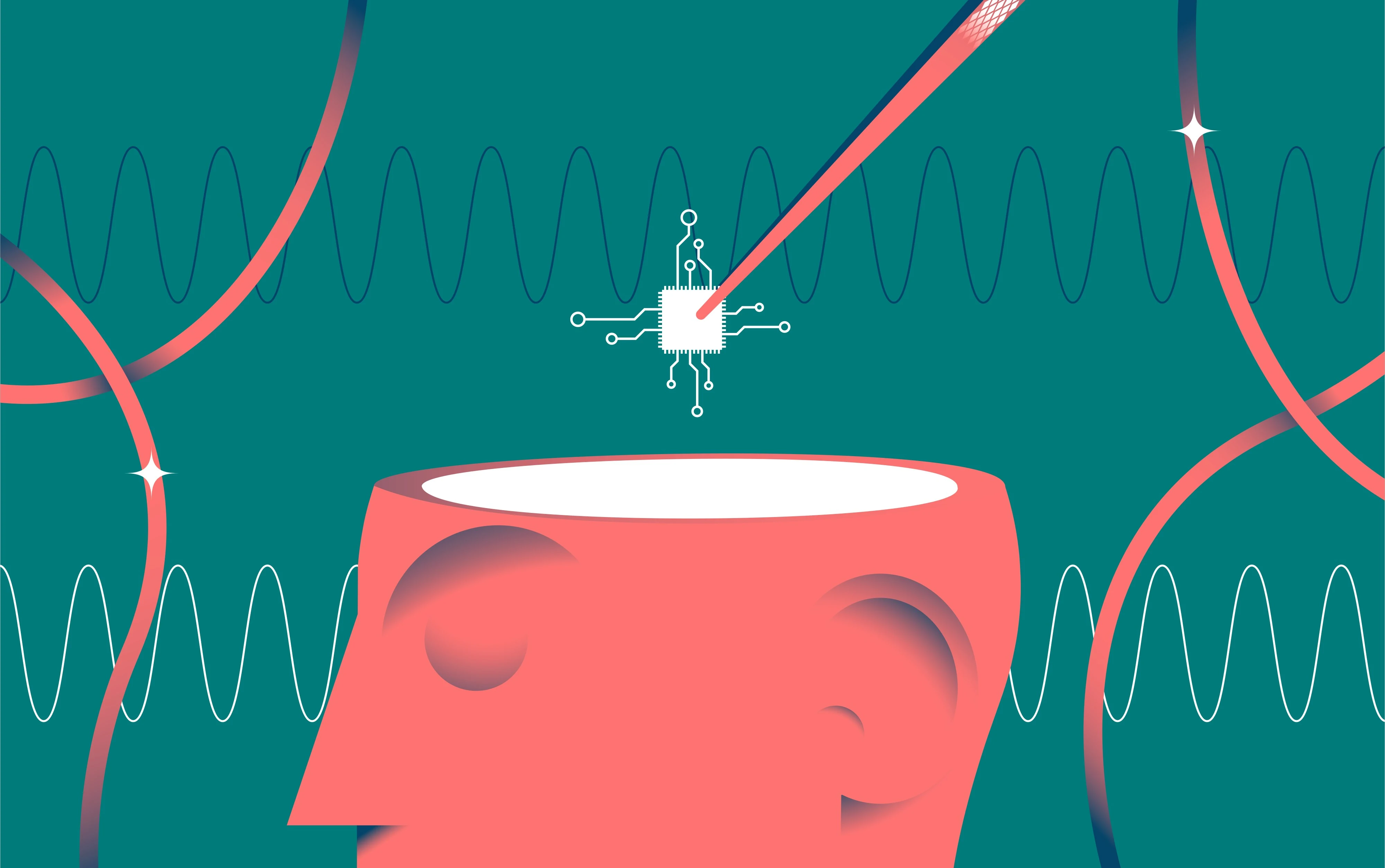 Stylised illustration of a mind connected to digital tools