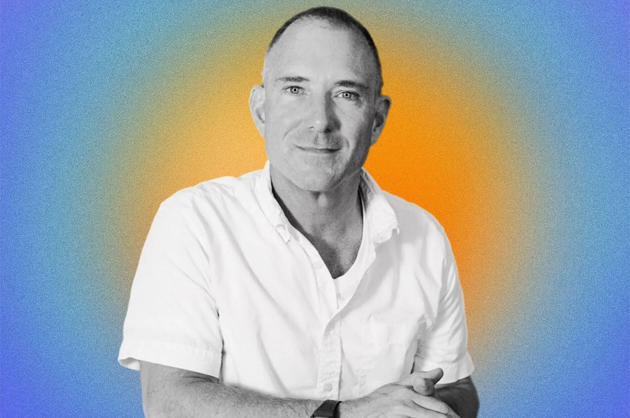 Podcast guest portrait on a coloured gradient background