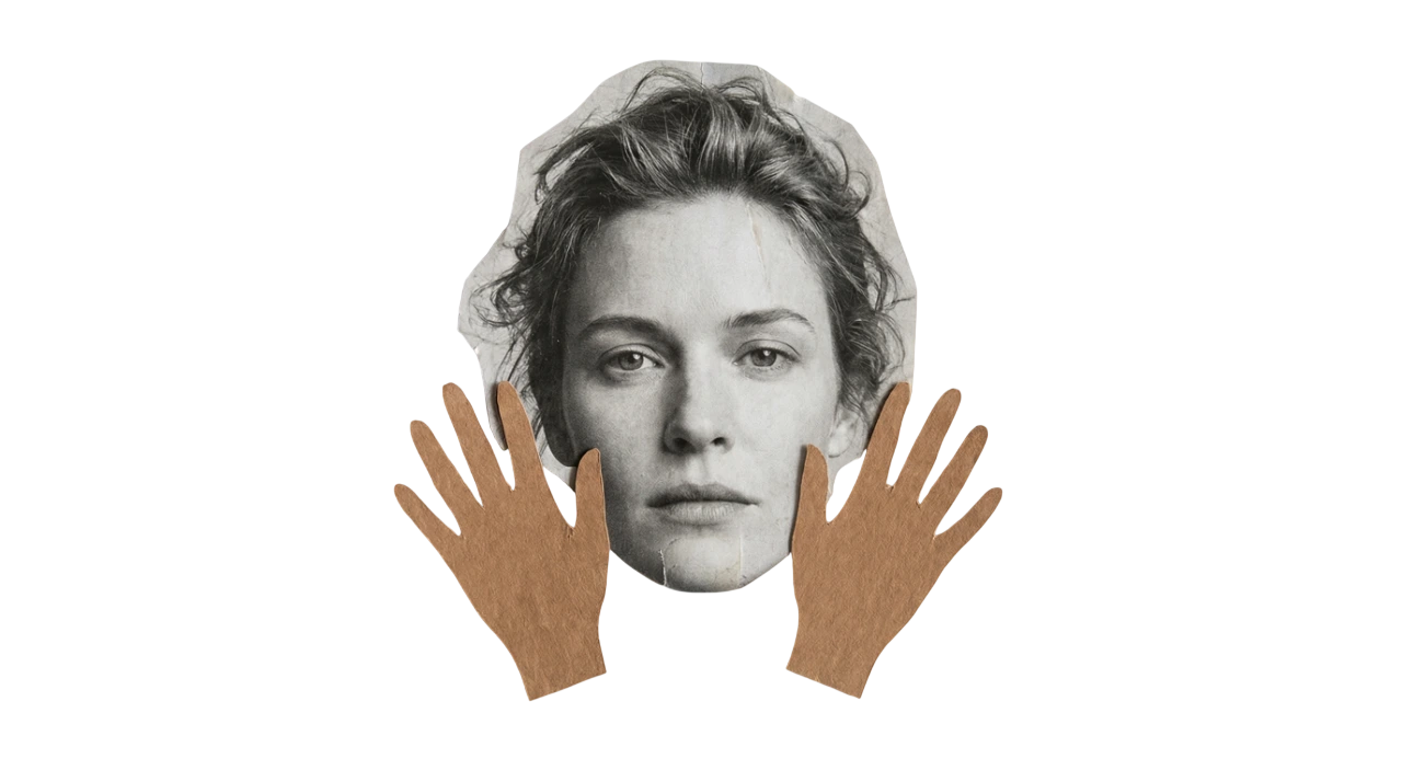 Collage of a portrait with two hands framing the face