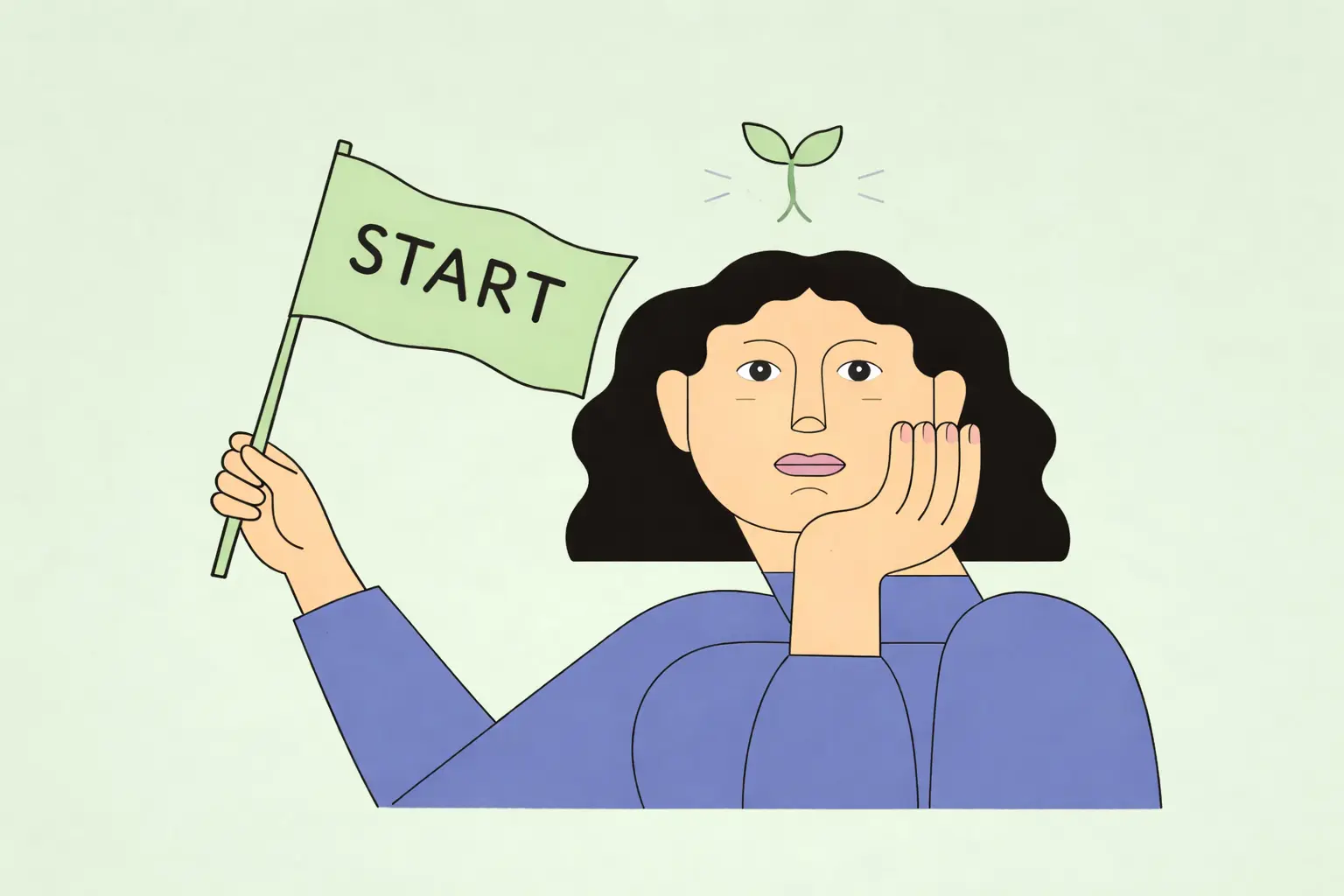 Illustration of a person holding a green flag that says START