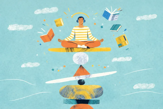 Illustration of a person meditating in a peaceful landscape