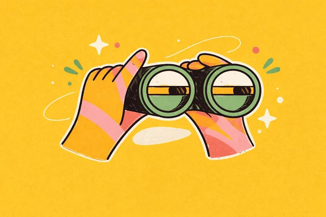 Illustration of a hand holding binoculars